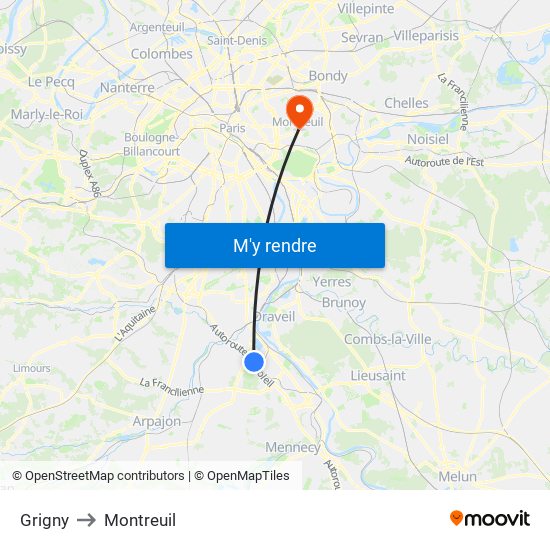 Grigny to Montreuil map