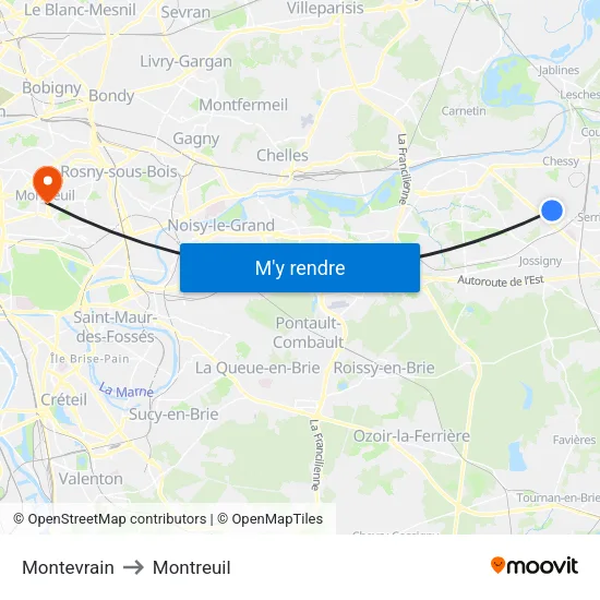 Montevrain to Montreuil map