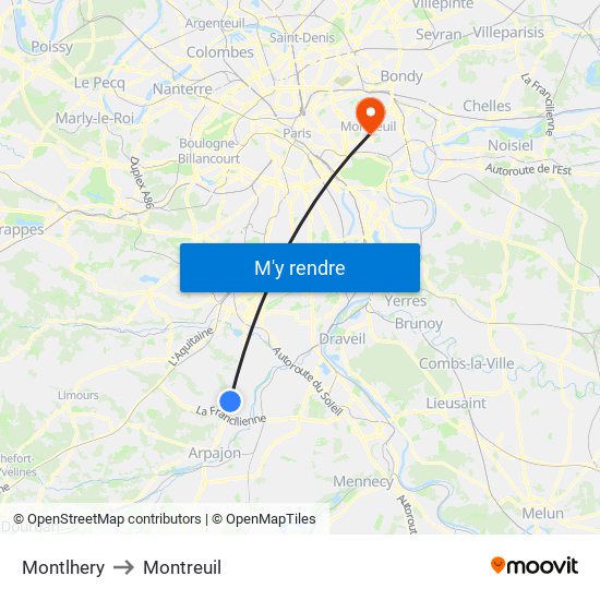 Montlhery to Montreuil map