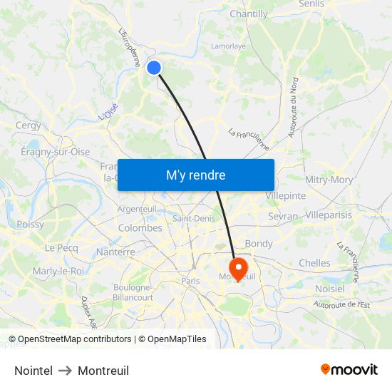 Nointel to Montreuil map