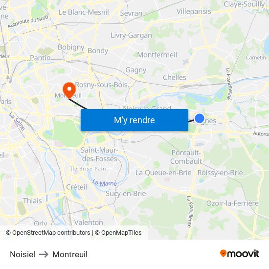 Noisiel to Montreuil map