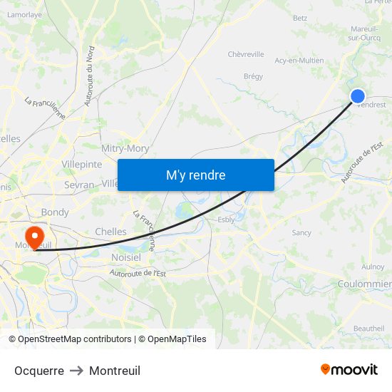 Ocquerre to Montreuil map