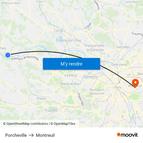 Porcheville to Montreuil map