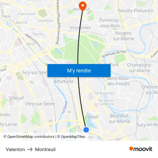 Valenton to Montreuil map