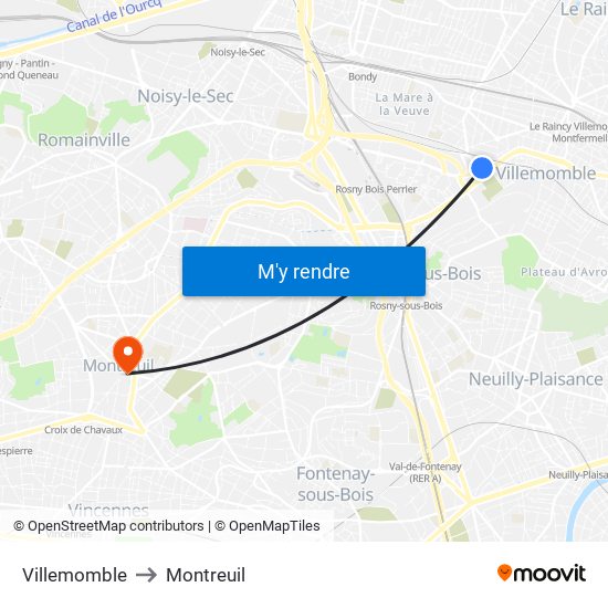 Villemomble to Montreuil map