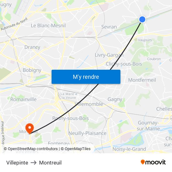 Villepinte to Montreuil map