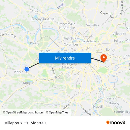 Villepreux to Montreuil map