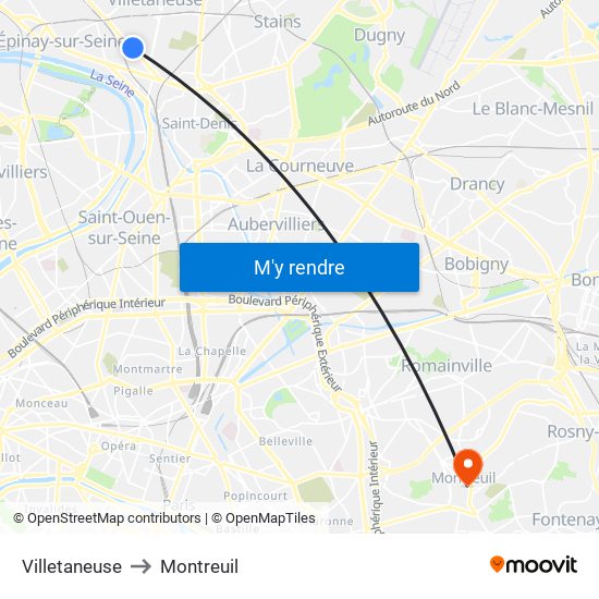Villetaneuse to Montreuil map