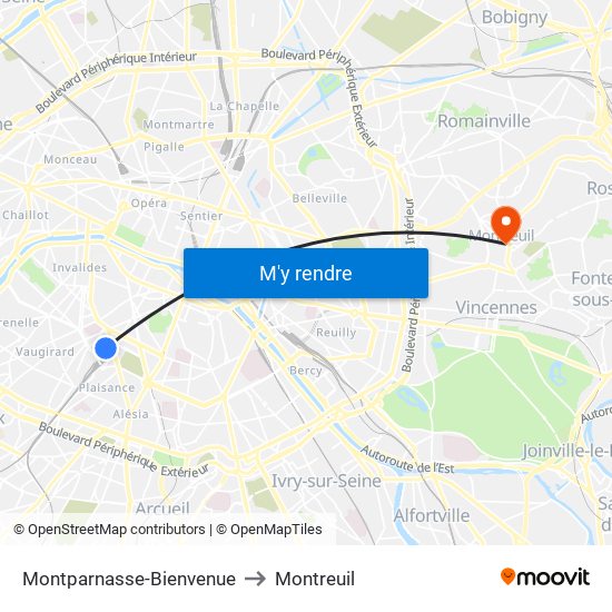 Montparnasse-Bienvenue to Montreuil map