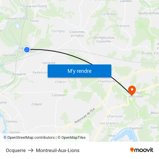 Ocquerre to Montreuil-Aux-Lions map