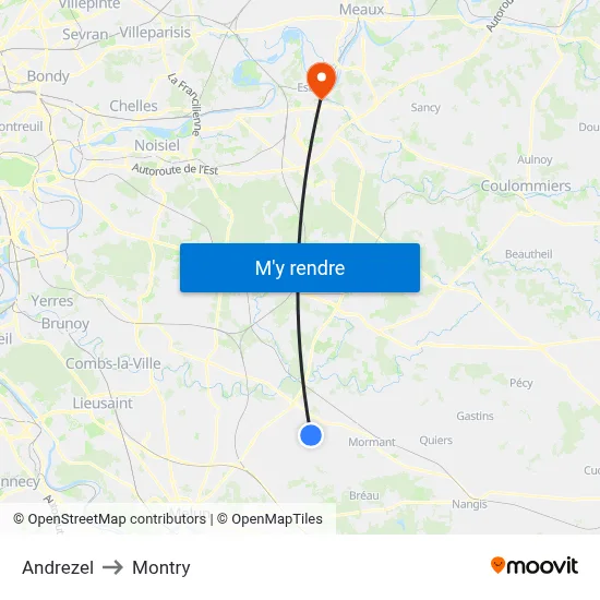 Andrezel to Montry map