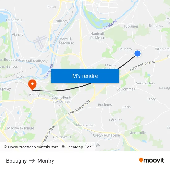 Boutigny to Montry map