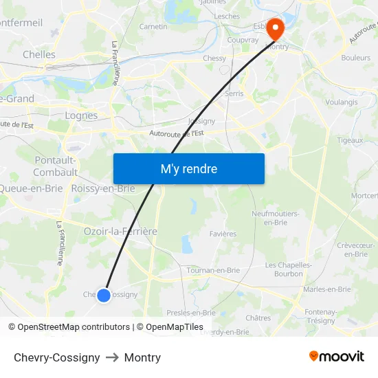 Chevry-Cossigny to Montry map