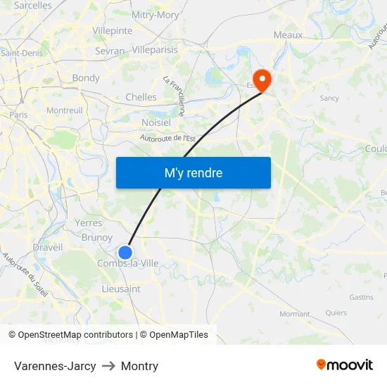 Varennes-Jarcy to Montry map