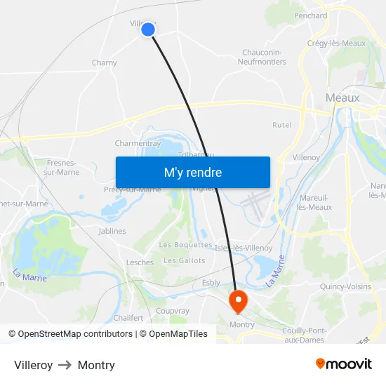 Villeroy to Montry map
