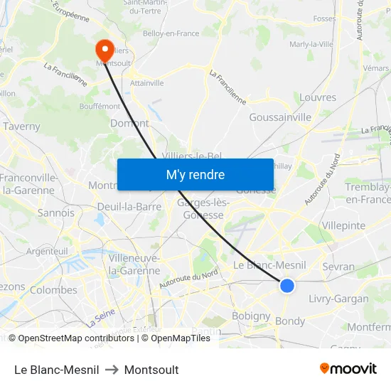 Le Blanc-Mesnil to Montsoult map