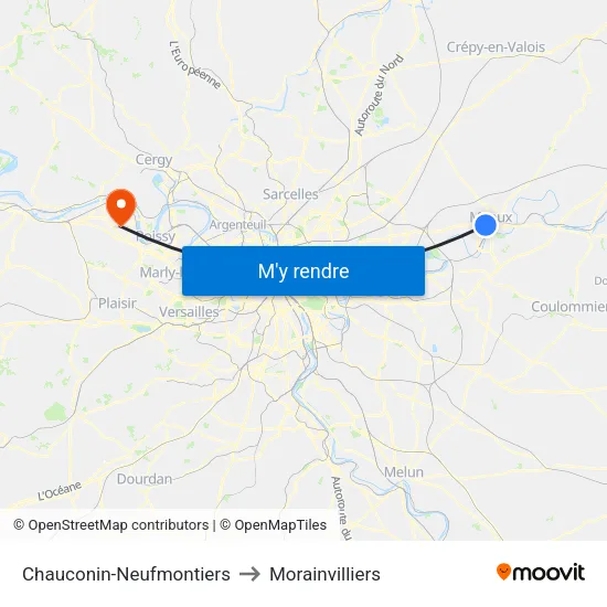 Chauconin-Neufmontiers to Morainvilliers map