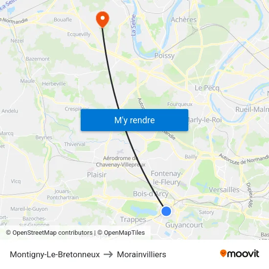 Montigny-Le-Bretonneux to Morainvilliers map