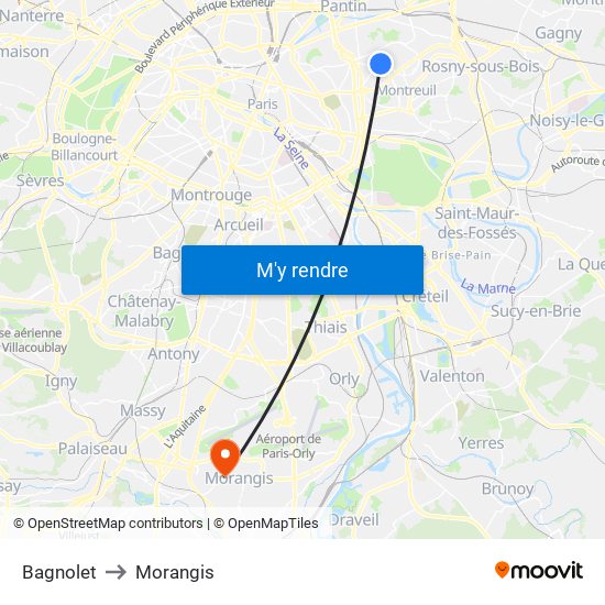 Bagnolet to Morangis map