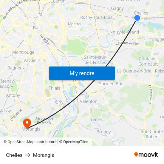 Chelles to Morangis map
