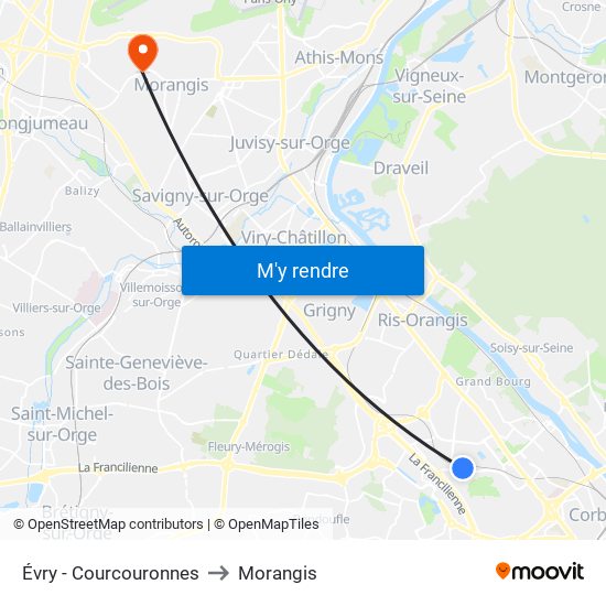 Évry - Courcouronnes to Morangis map