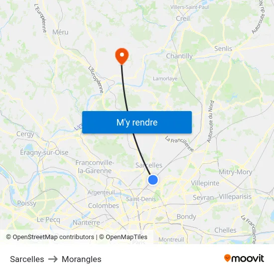 Sarcelles to Morangles map