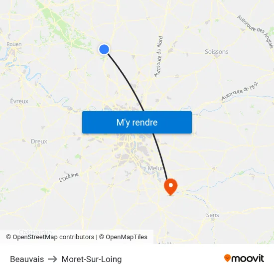 Beauvais to Moret-Sur-Loing map