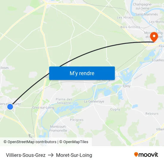 Villiers-Sous-Grez to Moret-Sur-Loing map