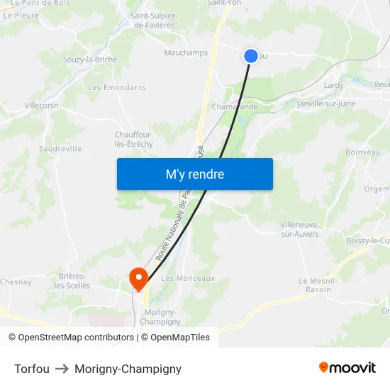 Torfou to Morigny-Champigny map
