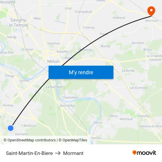 Saint-Martin-En-Biere to Mormant map