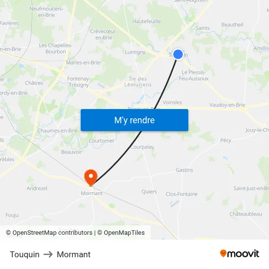 Touquin to Mormant map