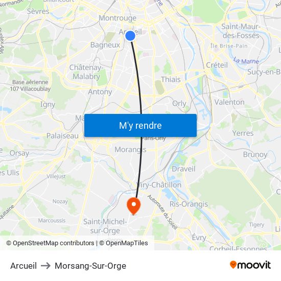 Arcueil to Morsang-Sur-Orge map