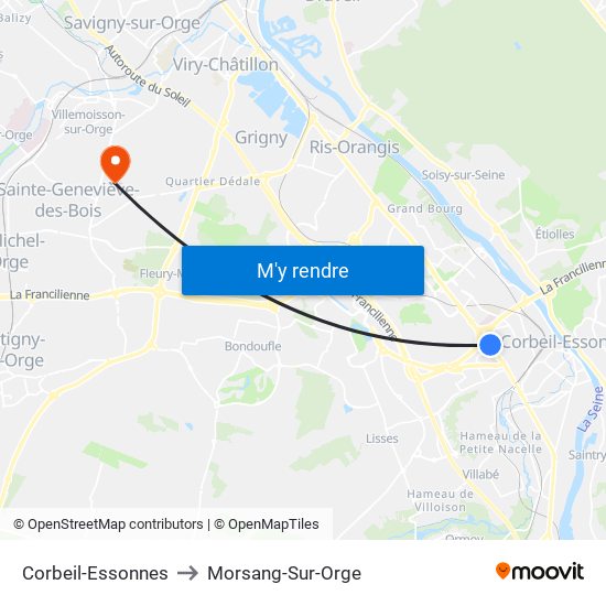 Corbeil-Essonnes to Morsang-Sur-Orge map