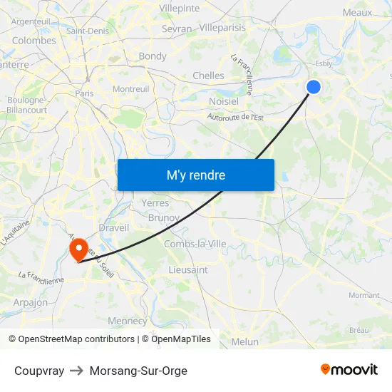 Coupvray to Morsang-Sur-Orge map