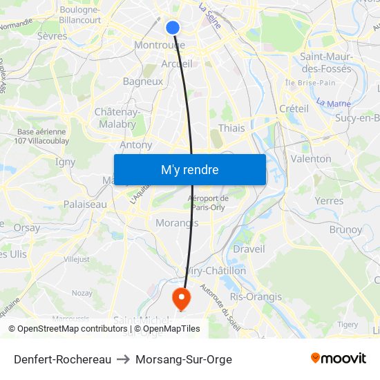 Denfert-Rochereau to Morsang-Sur-Orge map