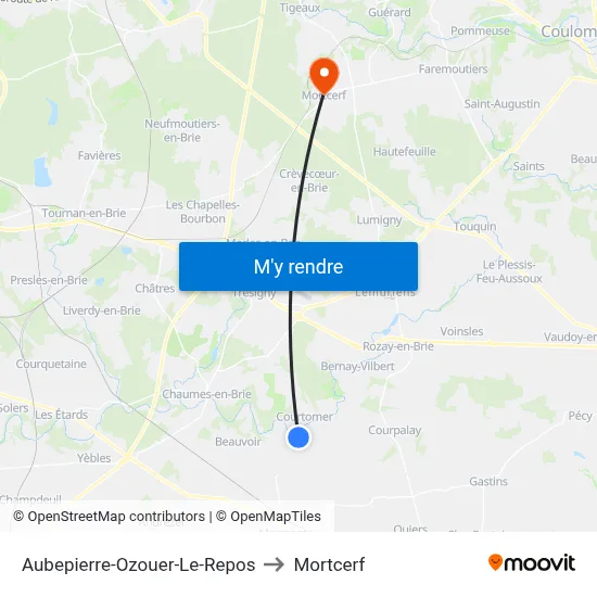 Aubepierre-Ozouer-Le-Repos to Mortcerf map