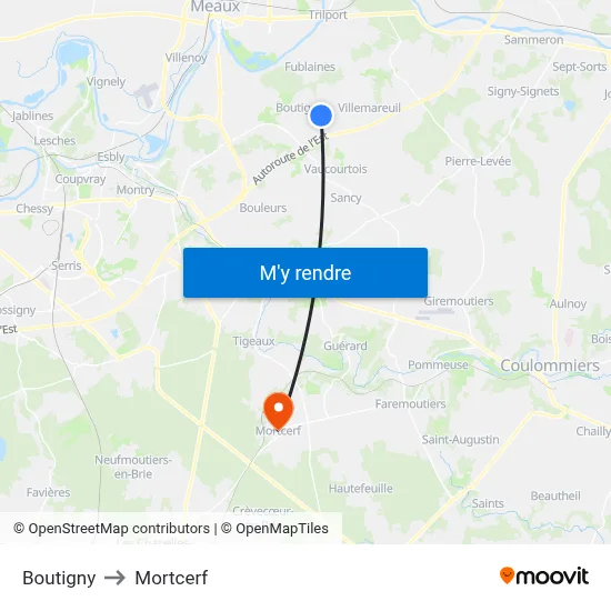 Boutigny to Mortcerf map