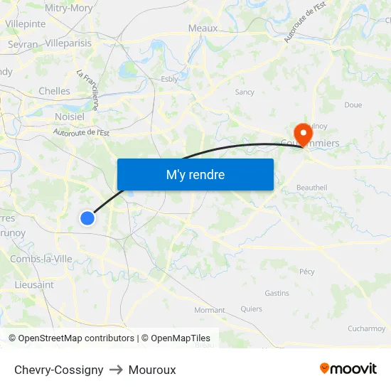 Chevry-Cossigny to Mouroux map