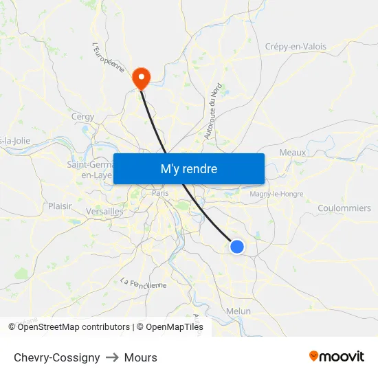 Chevry-Cossigny to Mours map