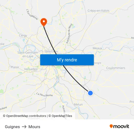 Guignes to Mours map