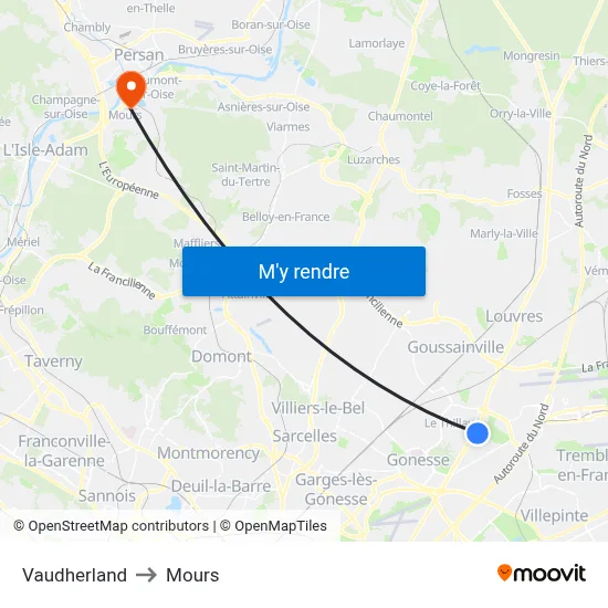 Vaudherland to Mours map