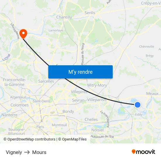 Vignely to Mours map