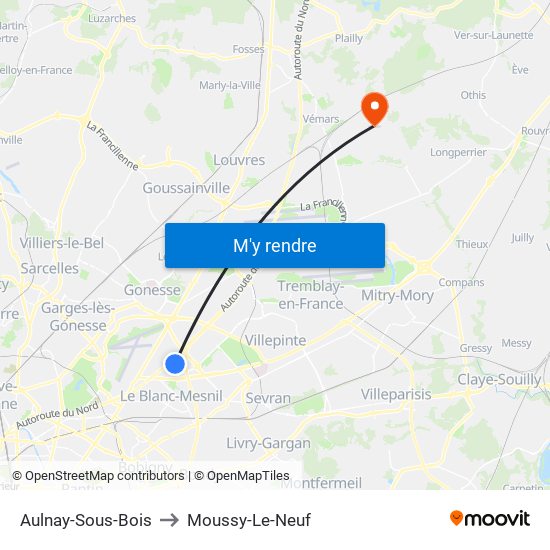Aulnay-Sous-Bois to Moussy-Le-Neuf map