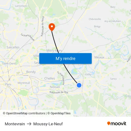 Montevrain to Moussy-Le-Neuf map