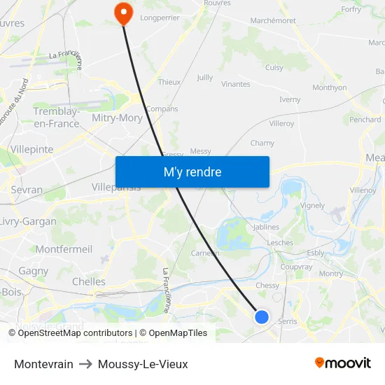 Montevrain to Moussy-Le-Vieux map