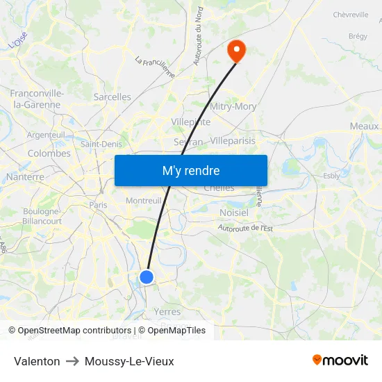 Valenton to Moussy-Le-Vieux map