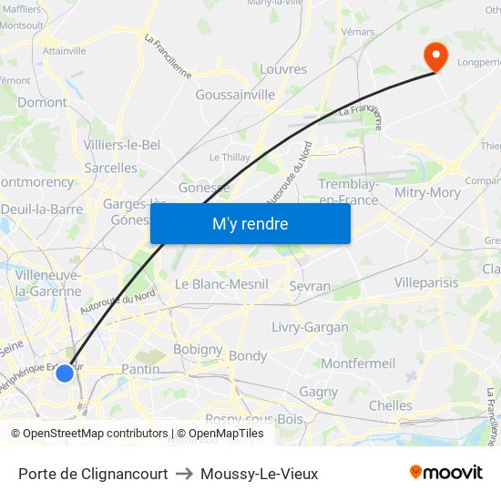 Porte de Clignancourt to Moussy-Le-Vieux map