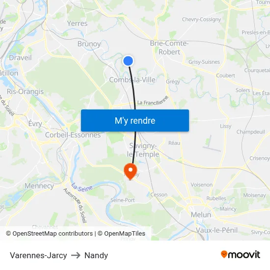 Varennes-Jarcy to Nandy map