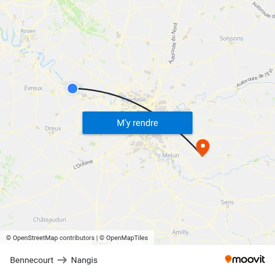 Bennecourt to Nangis map