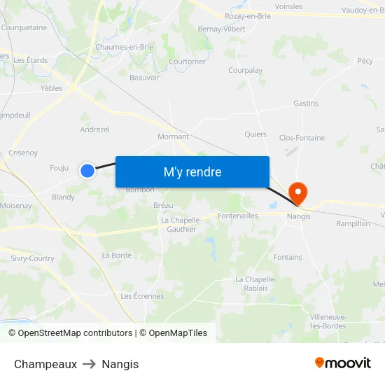 Champeaux to Nangis map